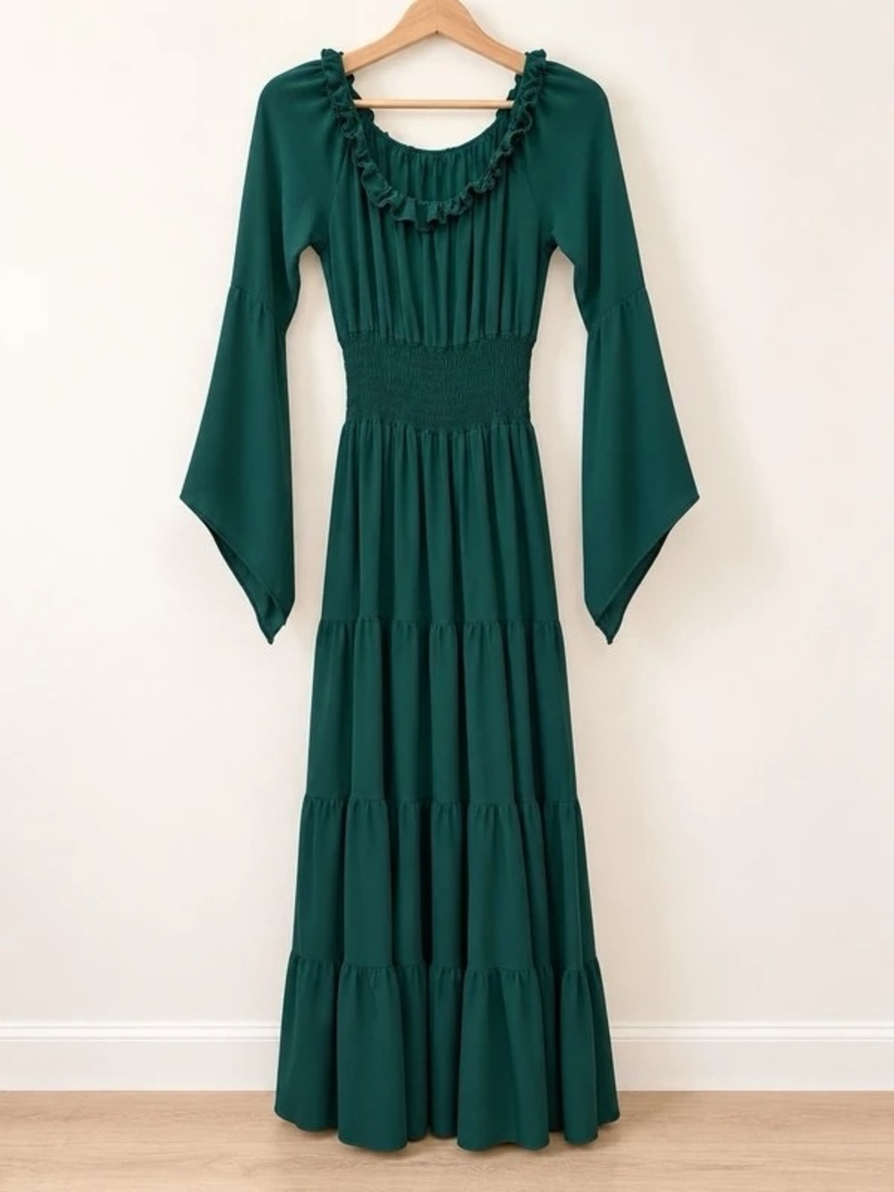 Smocked Waist Emerald Green Maxi Dress with Ruffle Scoop Neckline